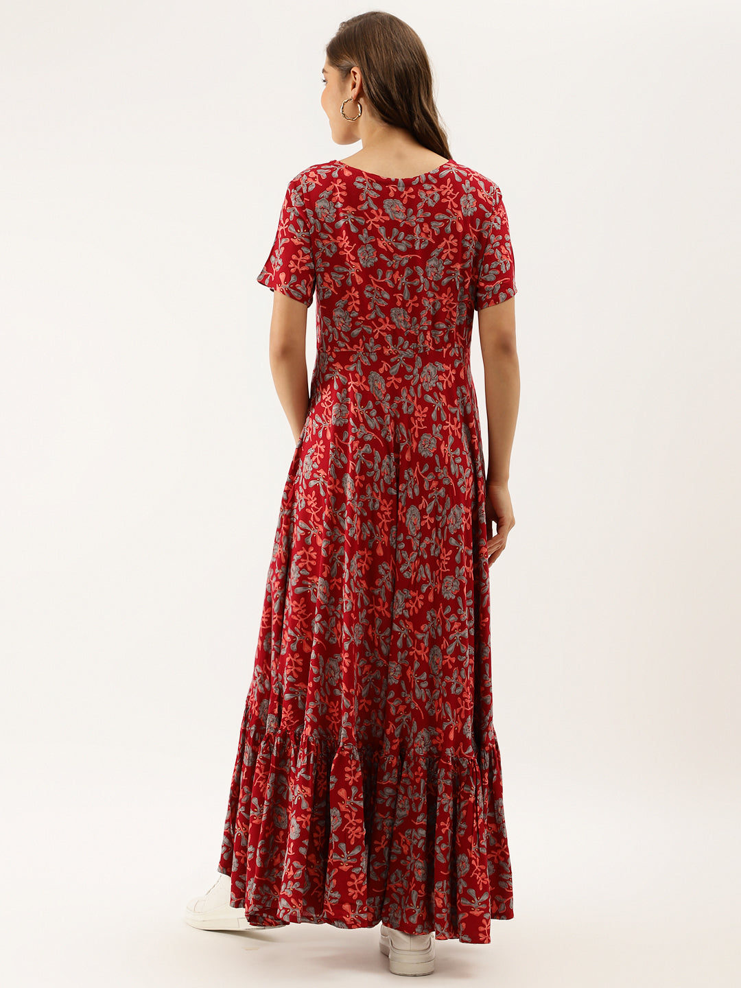 Noe Velarro Maroon Floral Printed Rayon Ethnic Dress for Women