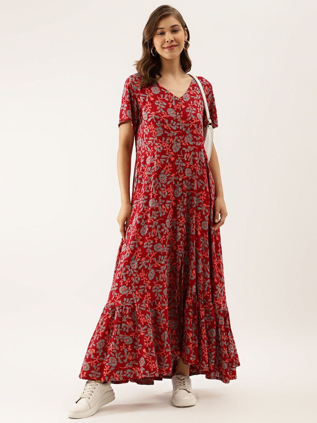 Noe Velarro Maroon Floral Printed Rayon Ethnic Dress for Women