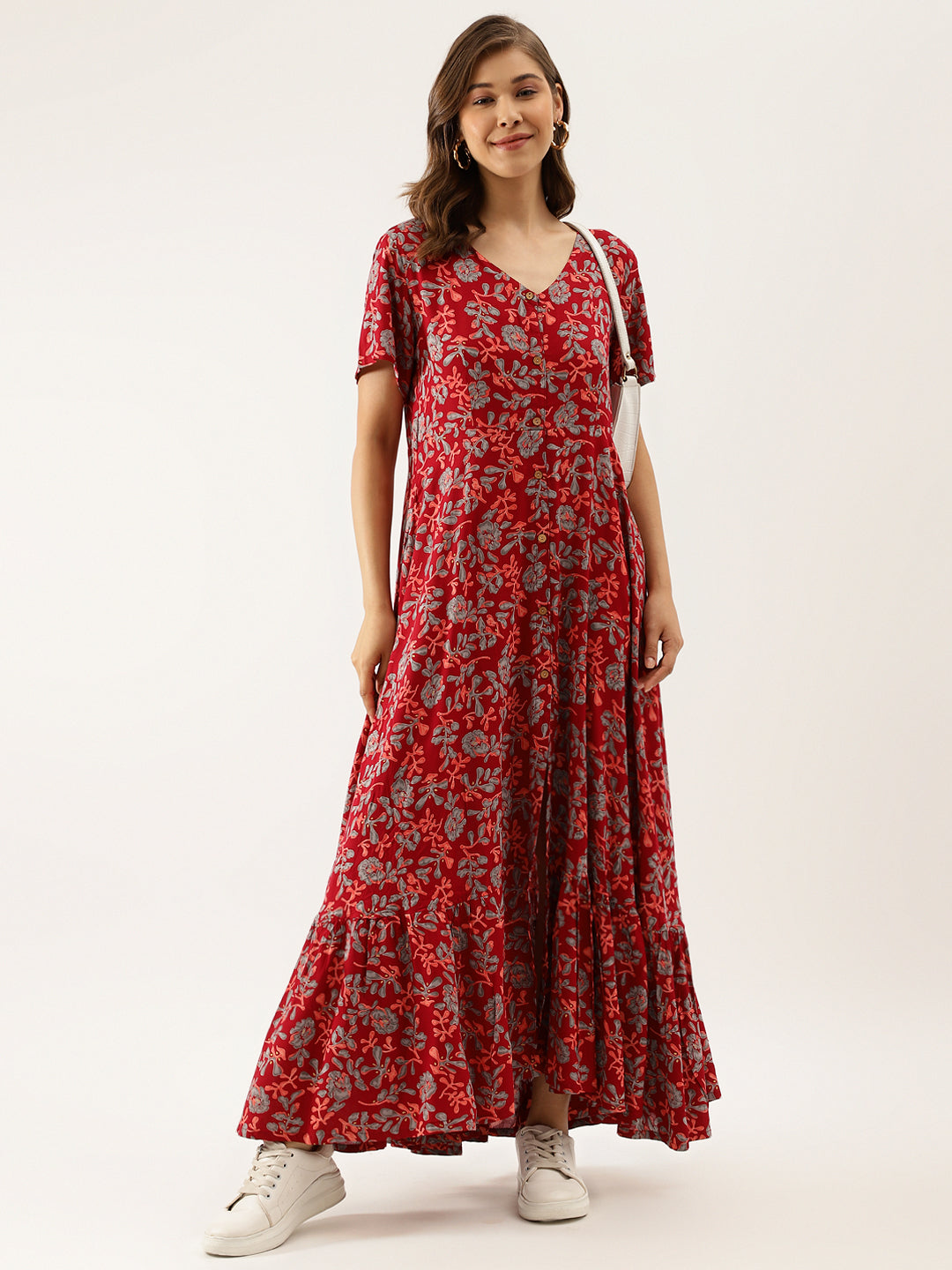 Noe Velarro Maroon Floral Printed Rayon Ethnic Dress for Women