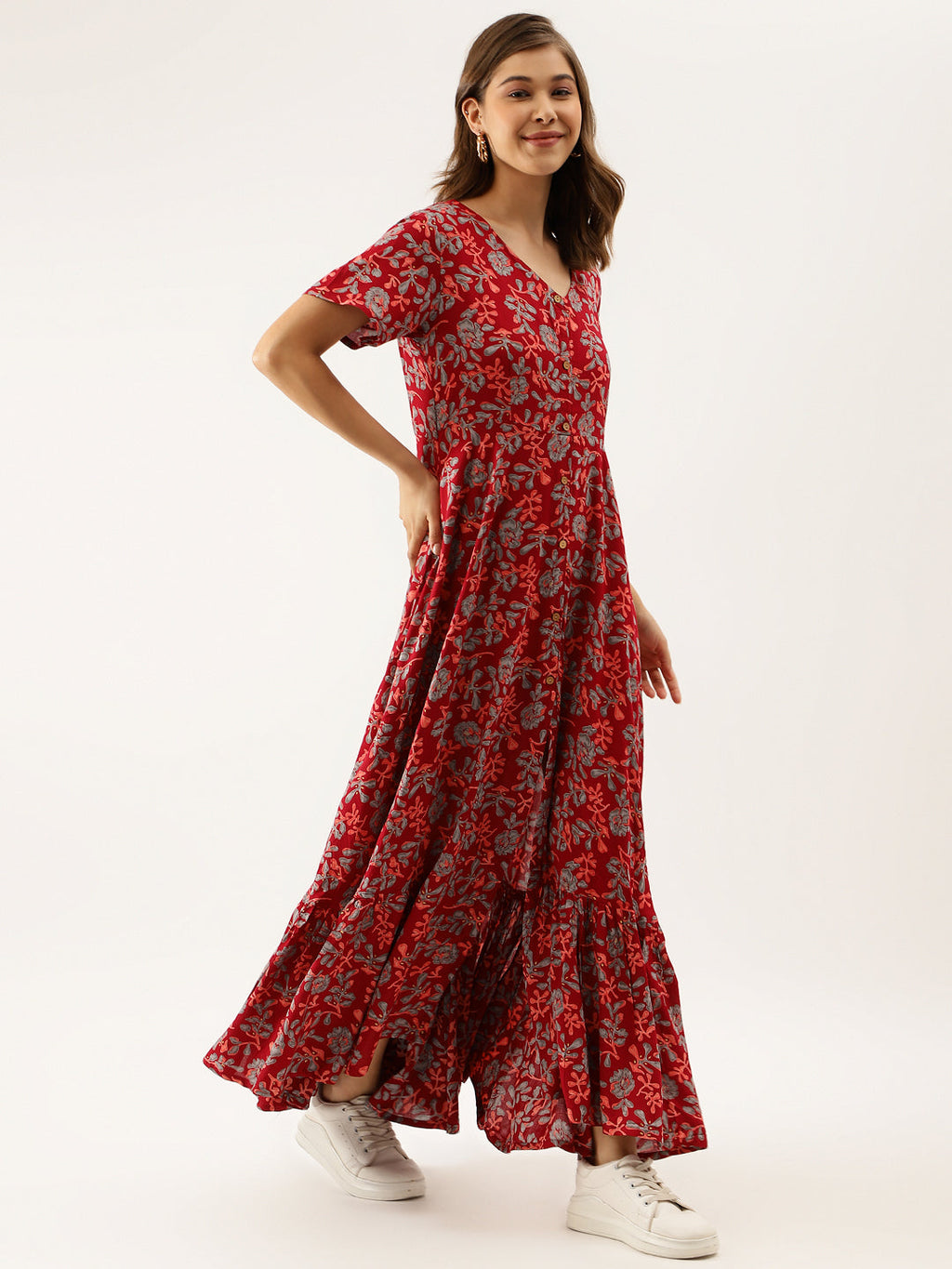 Noe Velarro Maroon Floral Printed Rayon Ethnic Dress for Women