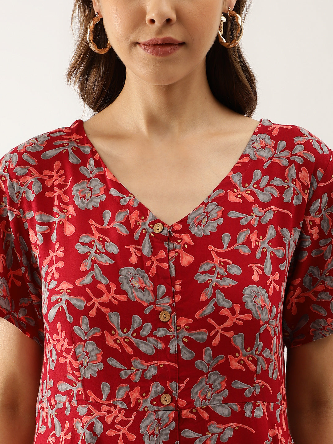 Noe Velarro Maroon Floral Printed Rayon Ethnic Dress for Women