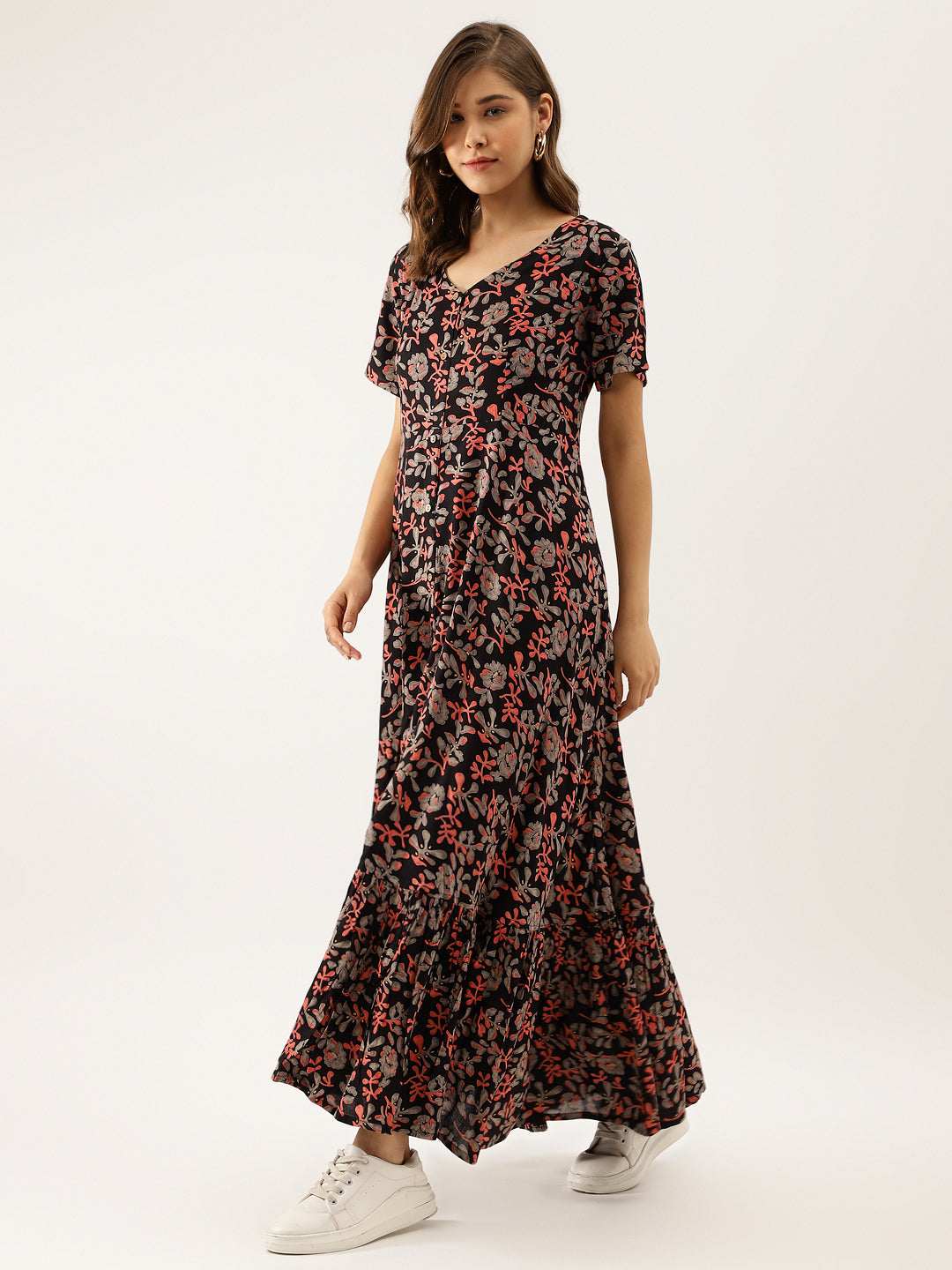 Noe Velarro Black Multi Floral Printed Rayon Ethnic Dress for Women