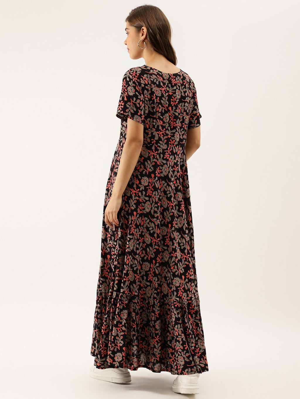Noe Velarro Black Multi Floral Printed Rayon Ethnic Dress for Women