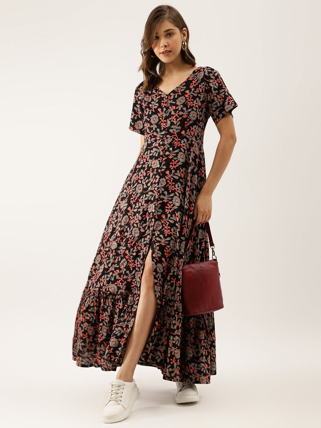 Noe Velarro Black Multi Floral Printed Rayon Ethnic Dress for Women
