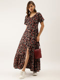 Noe Velarro Black Multi Floral Printed Rayon Ethnic Dress for Women