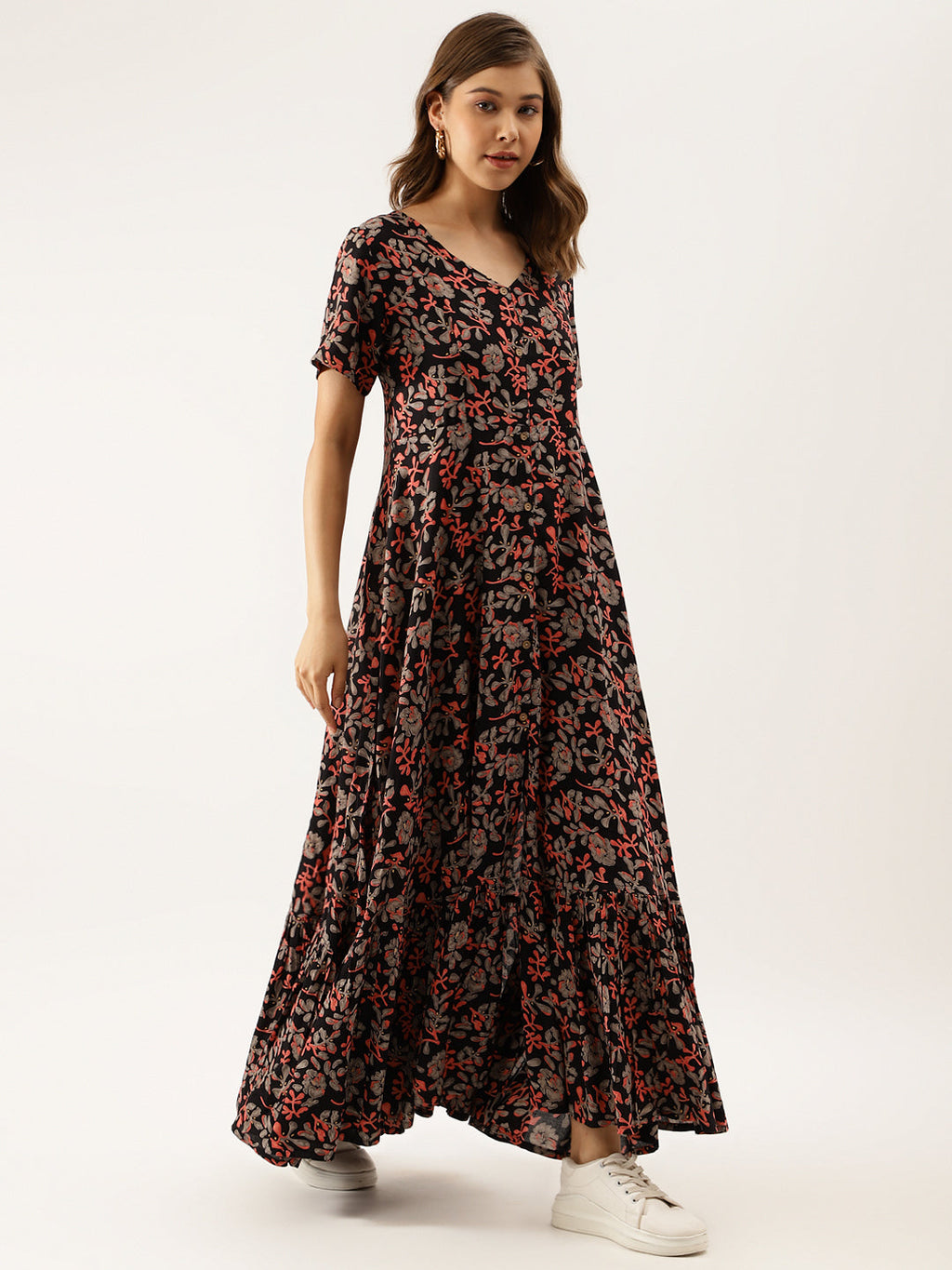 Noe Velarro Black Multi Floral Printed Rayon Ethnic Dress for Women