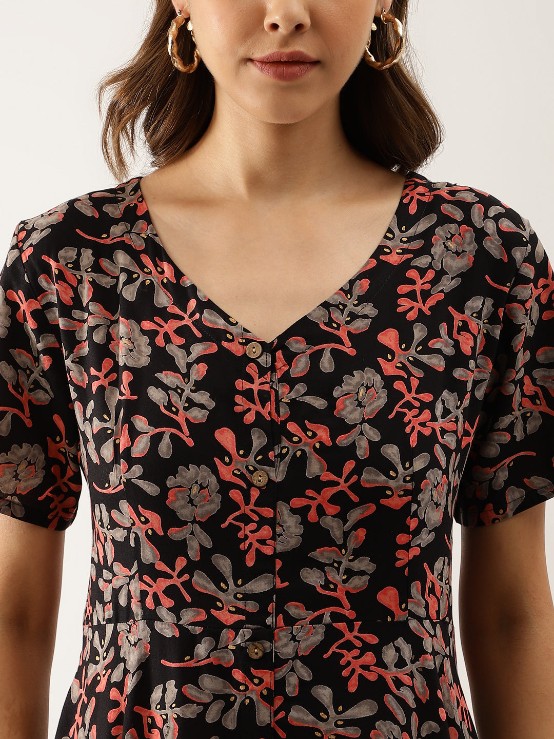 Noe Velarro Black Multi Floral Printed Rayon Ethnic Dress for Women