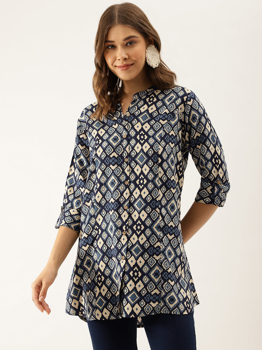 Noe Velarro Navy Blue Printed Rayon Regular Fit Top