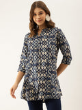 Noe Velarro Navy Blue Printed Rayon Regular Fit Top
