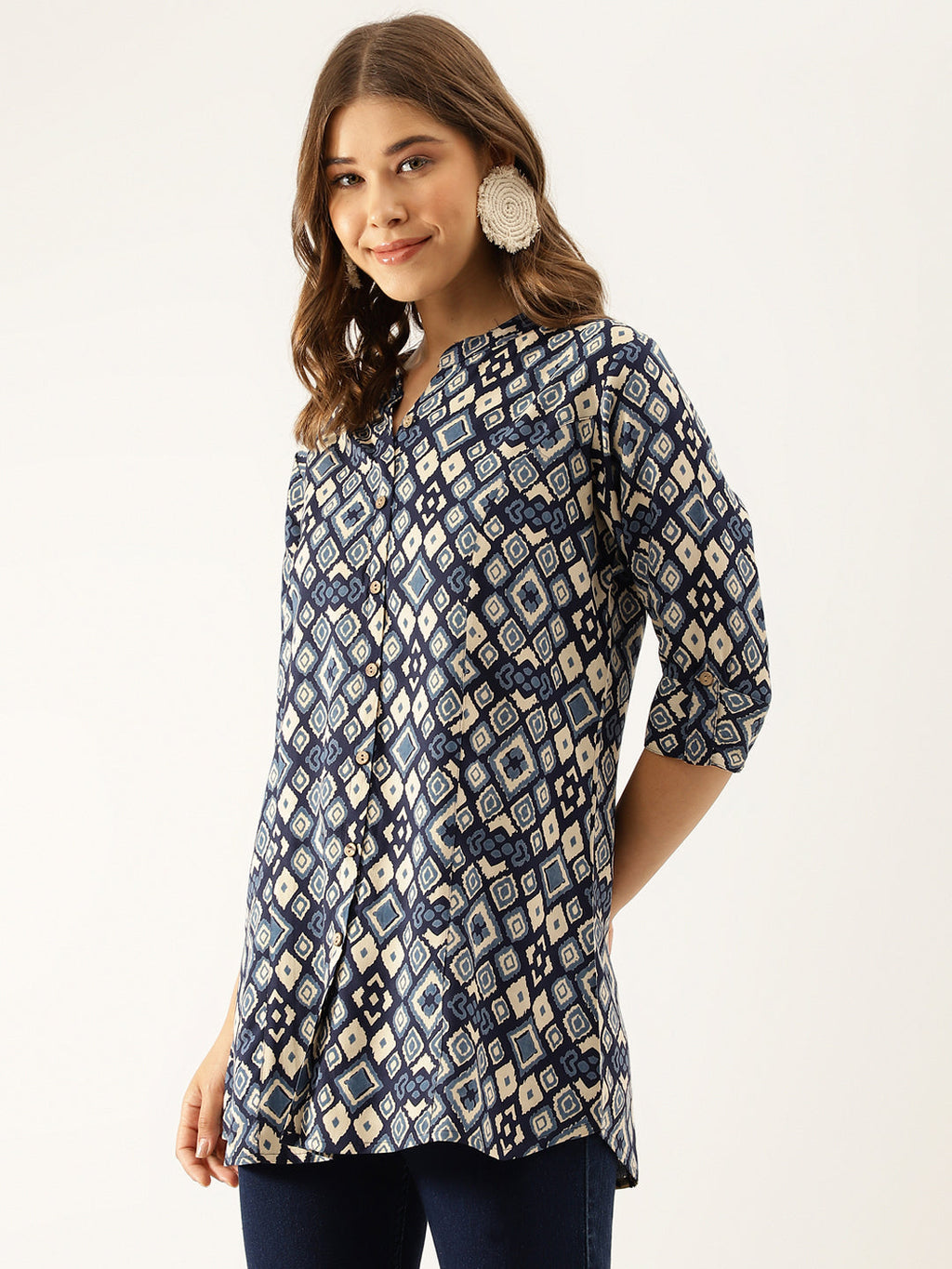 Noe Velarro Navy Blue Printed Rayon Regular Fit Top