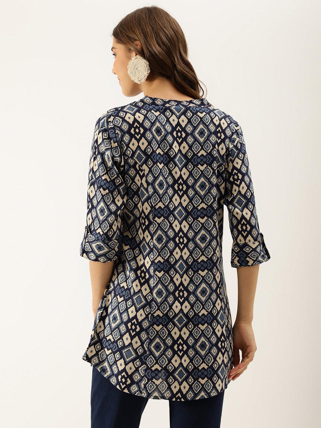 Noe Velarro Navy Blue Printed Rayon Regular Fit Top