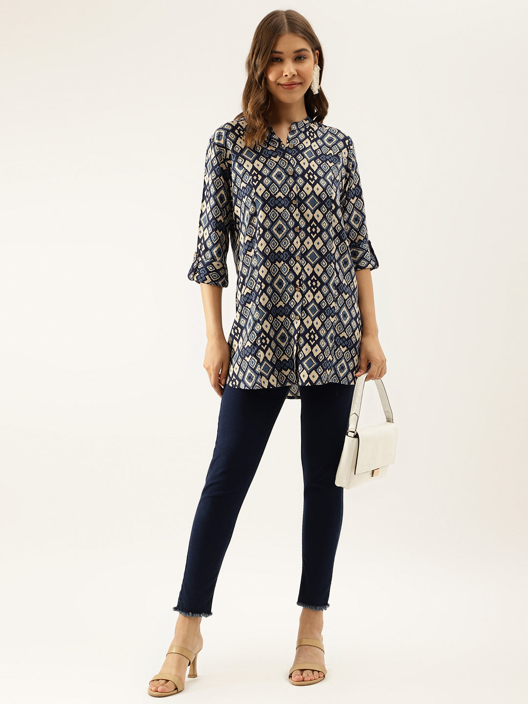 Noe Velarro Navy Blue Printed Rayon Regular Fit Top