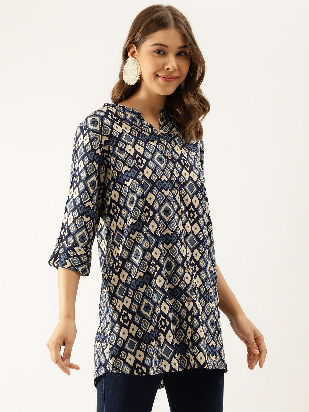 Noe Velarro Navy Blue Printed Rayon Regular Fit Top
