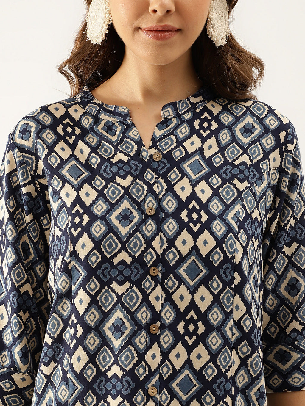 Noe Velarro Navy Blue Printed Rayon Regular Fit Top