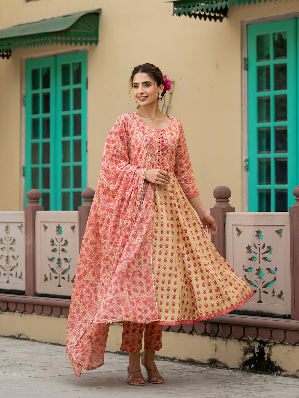 Noe Velarro Peach Floral Print Pure Cotton Anarkali Kurta & Trouser with Dupatta