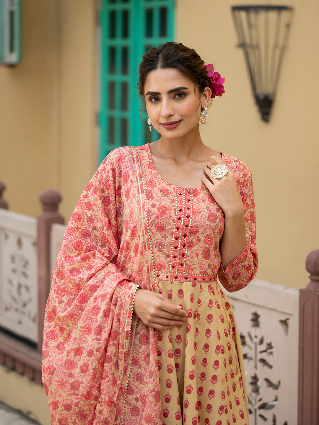 Noe Velarro Peach Floral Print Pure Cotton Anarkali Kurta & Trouser with Dupatta