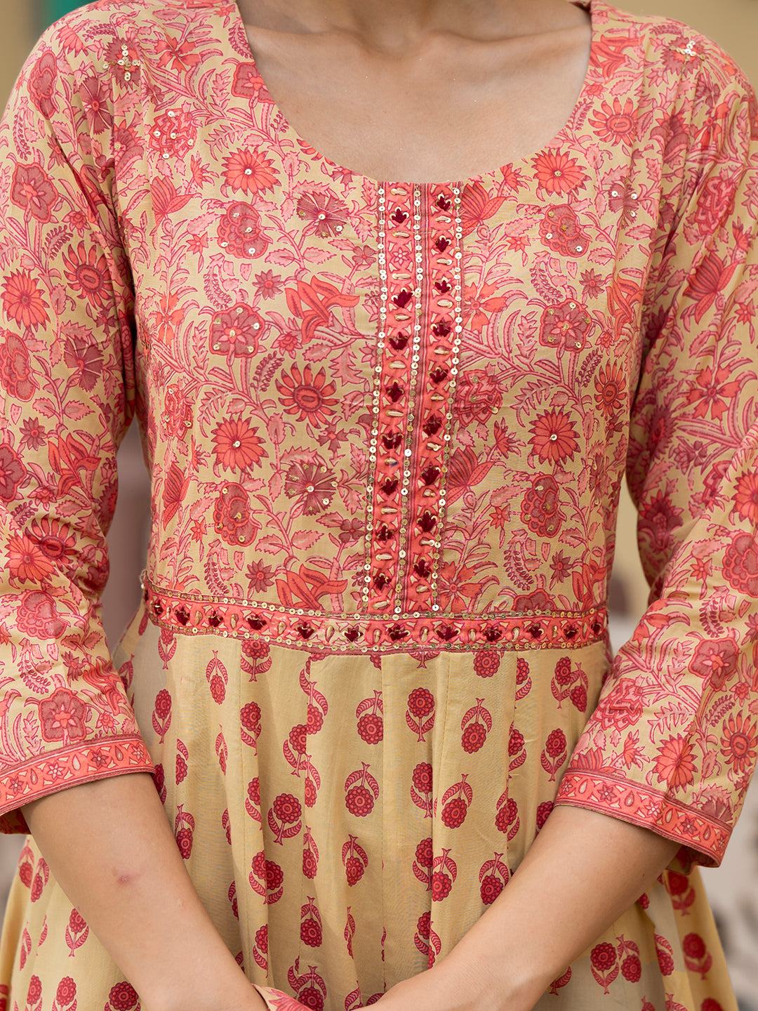 Noe Velarro Peach Floral Print Pure Cotton Anarkali Kurta & Trouser with Dupatta