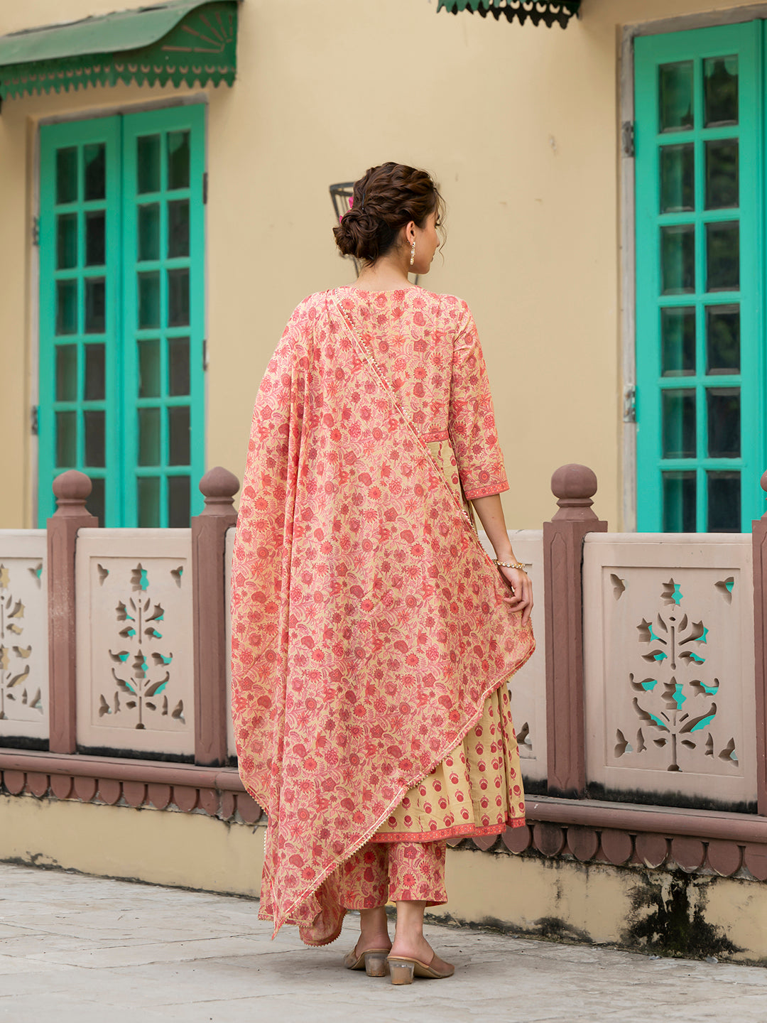 Noe Velarro Peach Floral Print Pure Cotton Anarkali Kurta & Trouser with Dupatta