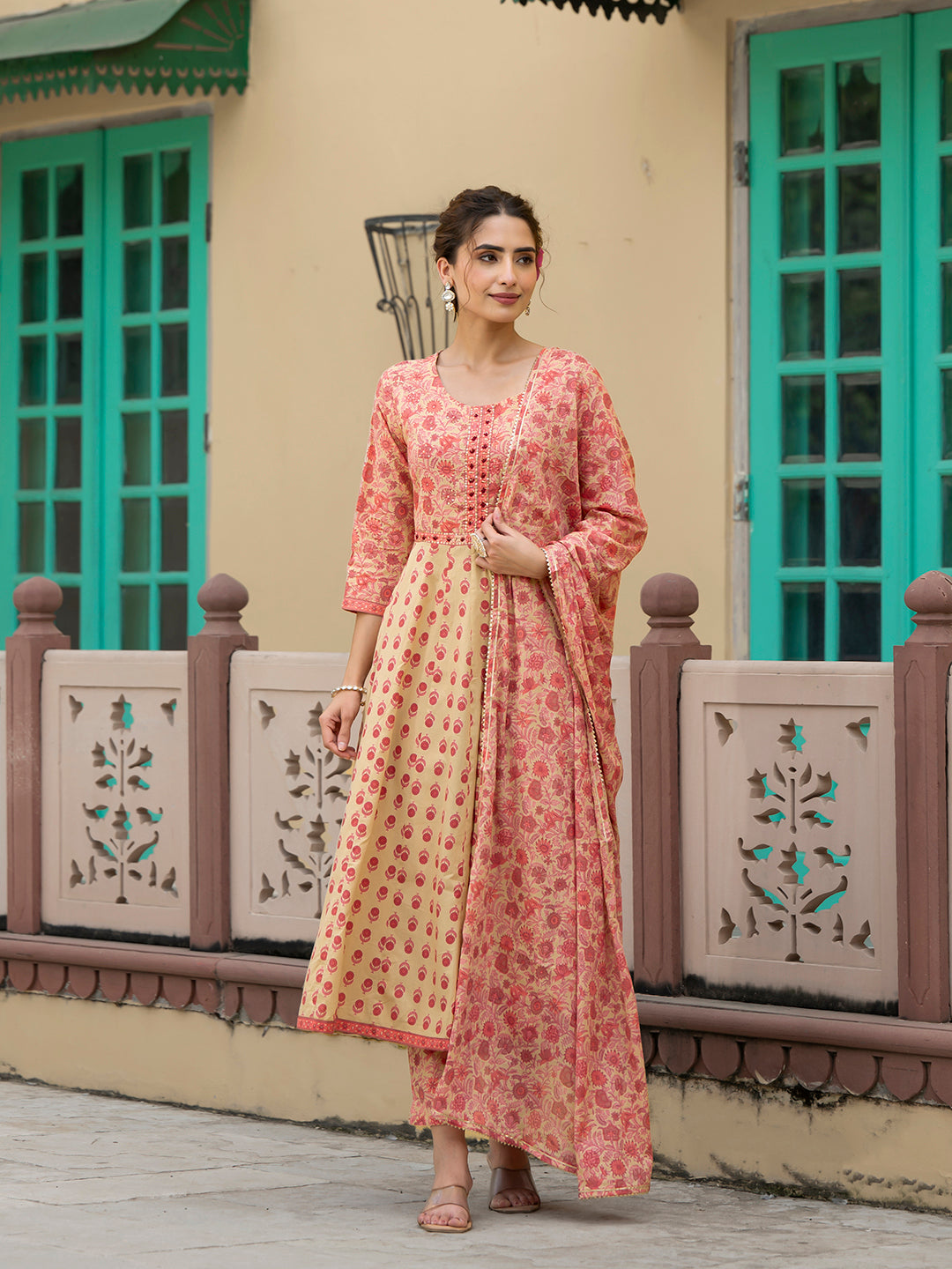 Noe Velarro Peach Floral Print Pure Cotton Anarkali Kurta & Trouser with Dupatta