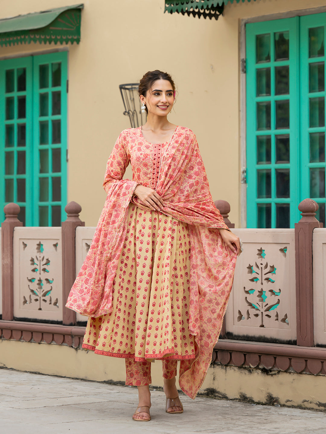 Noe Velarro Peach Floral Print Pure Cotton Anarkali Kurta & Trouser with Dupatta