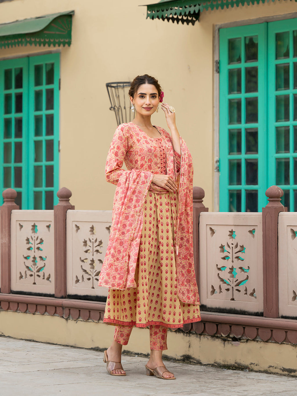 Noe Velarro Peach Floral Print Pure Cotton Anarkali Kurta & Trouser with Dupatta