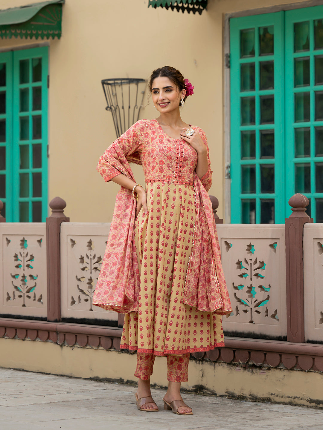 Noe Velarro Peach Floral Print Pure Cotton Anarkali Kurta & Trouser with Dupatta