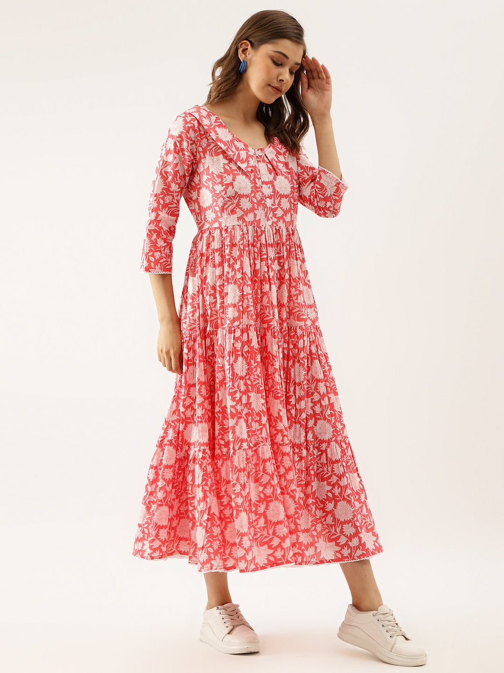 Noe Velarro Pink Floral Printed Cotton Ethnic Dress for Women