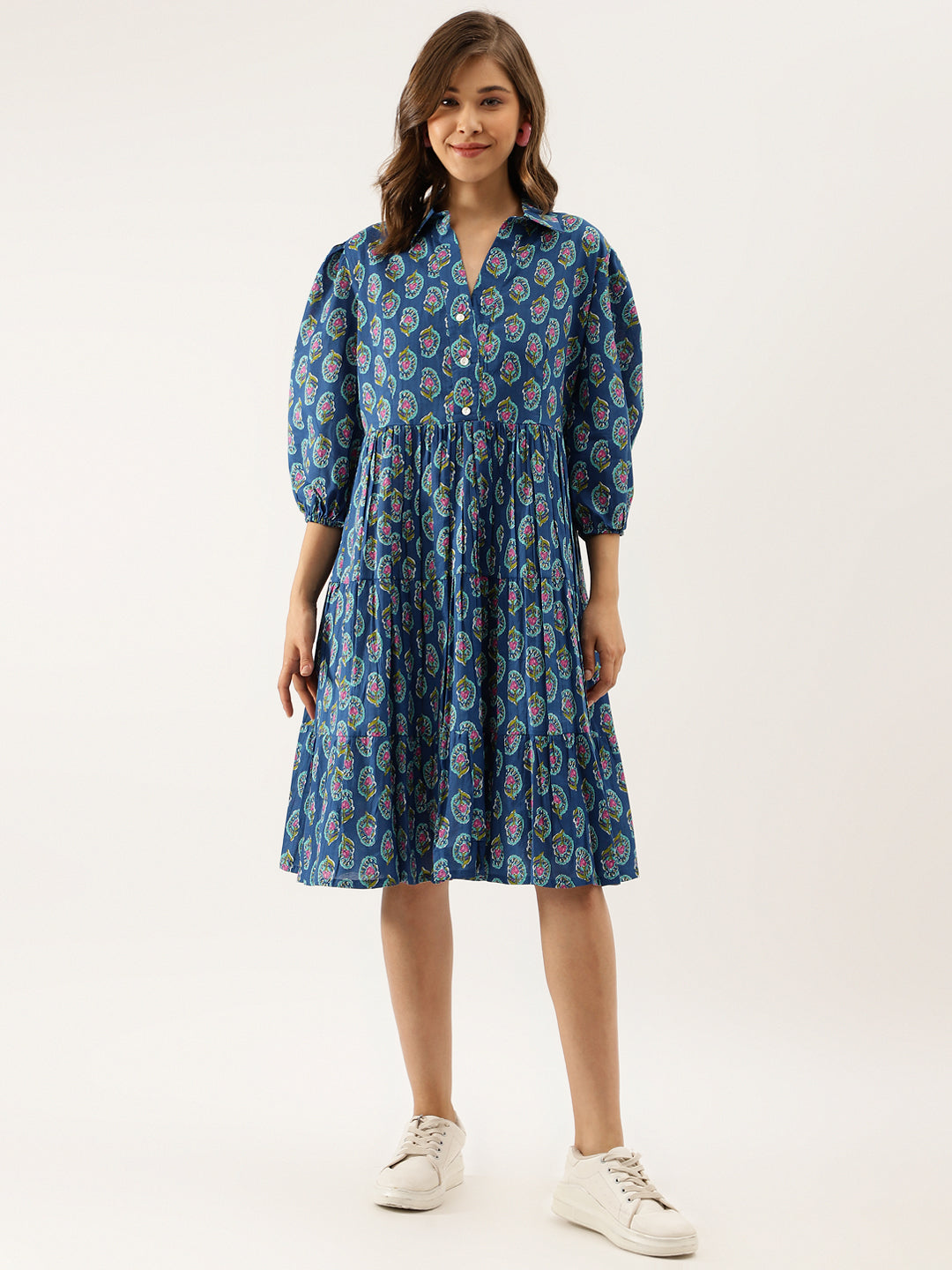 Noe Velarro Blue Paisley Printed Cotton Dress for Women