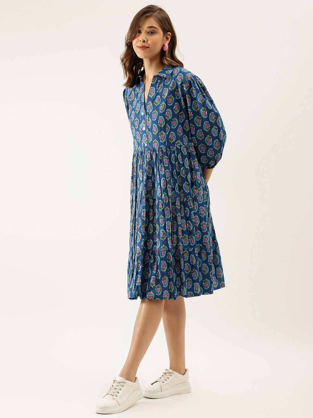 Noe Velarro Blue Paisley Printed Cotton Dress for Women