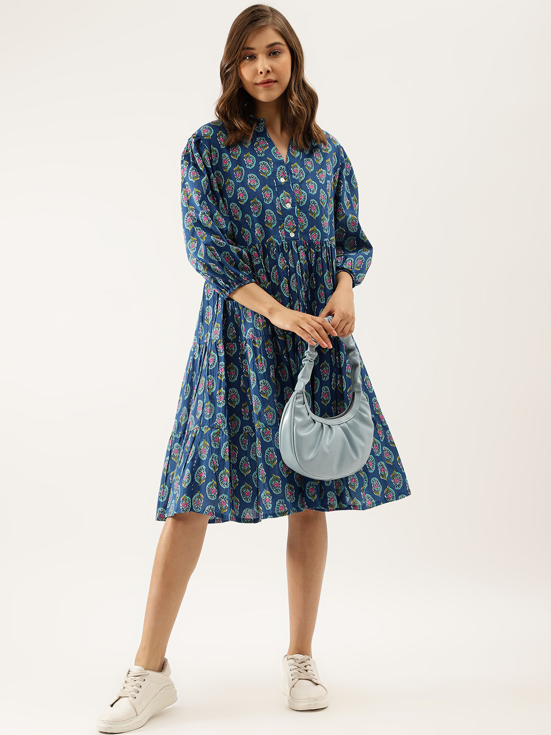 Noe Velarro Blue Paisley Printed Cotton Dress for Women