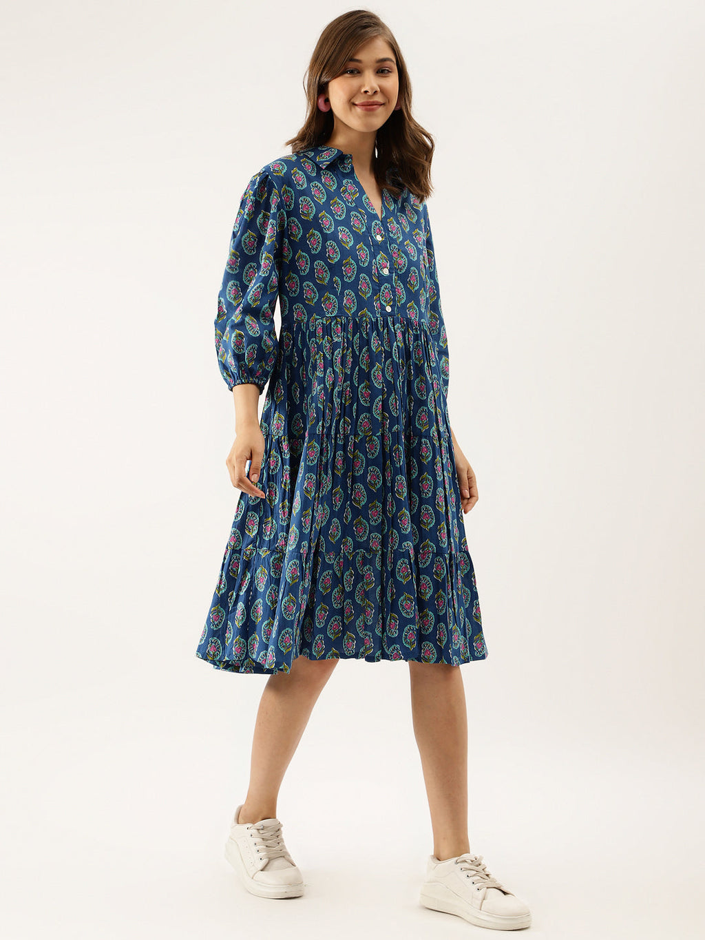 Noe Velarro Blue Paisley Printed Cotton Dress for Women
