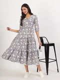 Noe Velarro Grey Floral Printed Cotton Dress