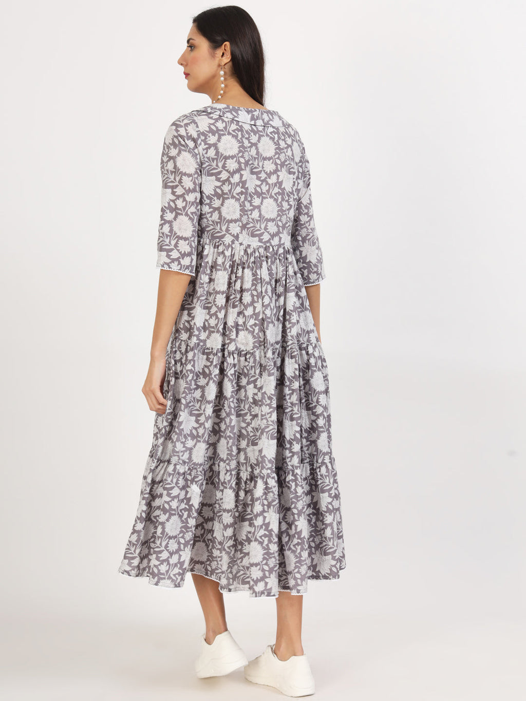 Noe Velarro Grey Floral Printed Cotton Dress