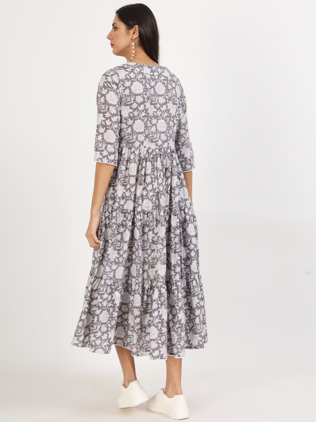 Noe Velarro Grey Floral Printed Cotton Dress
