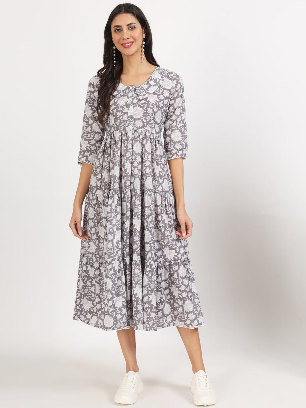 Noe Velarro Grey Floral Printed Cotton Dress