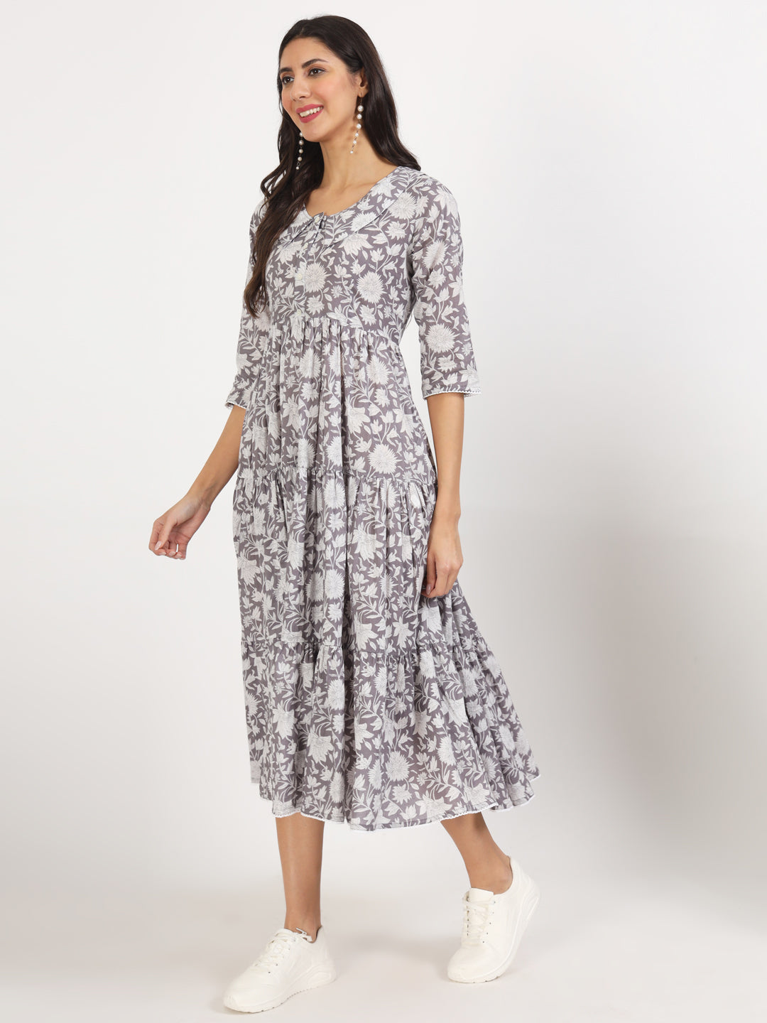 Noe Velarro Grey Floral Printed Cotton Dress