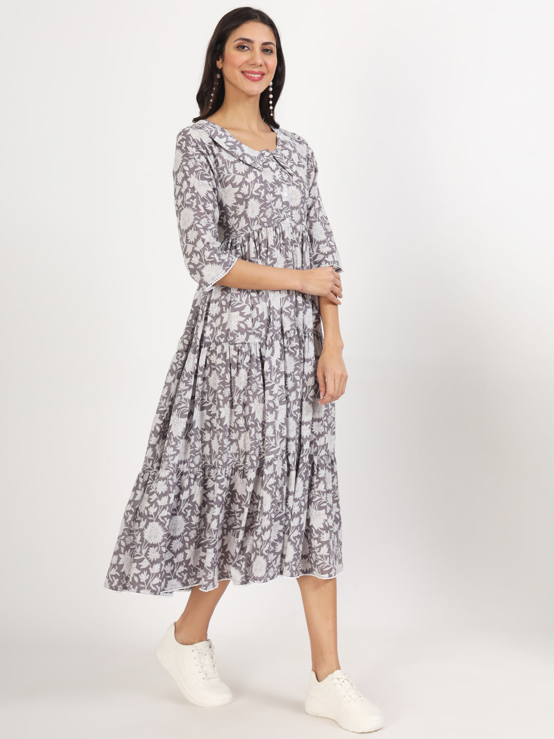 Noe Velarro Grey Floral Printed Cotton Dress