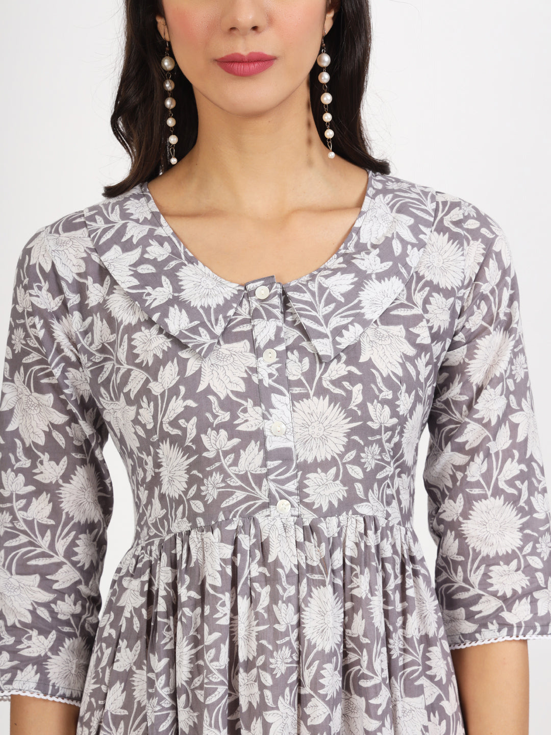 Noe Velarro Grey Floral Printed Cotton Dress