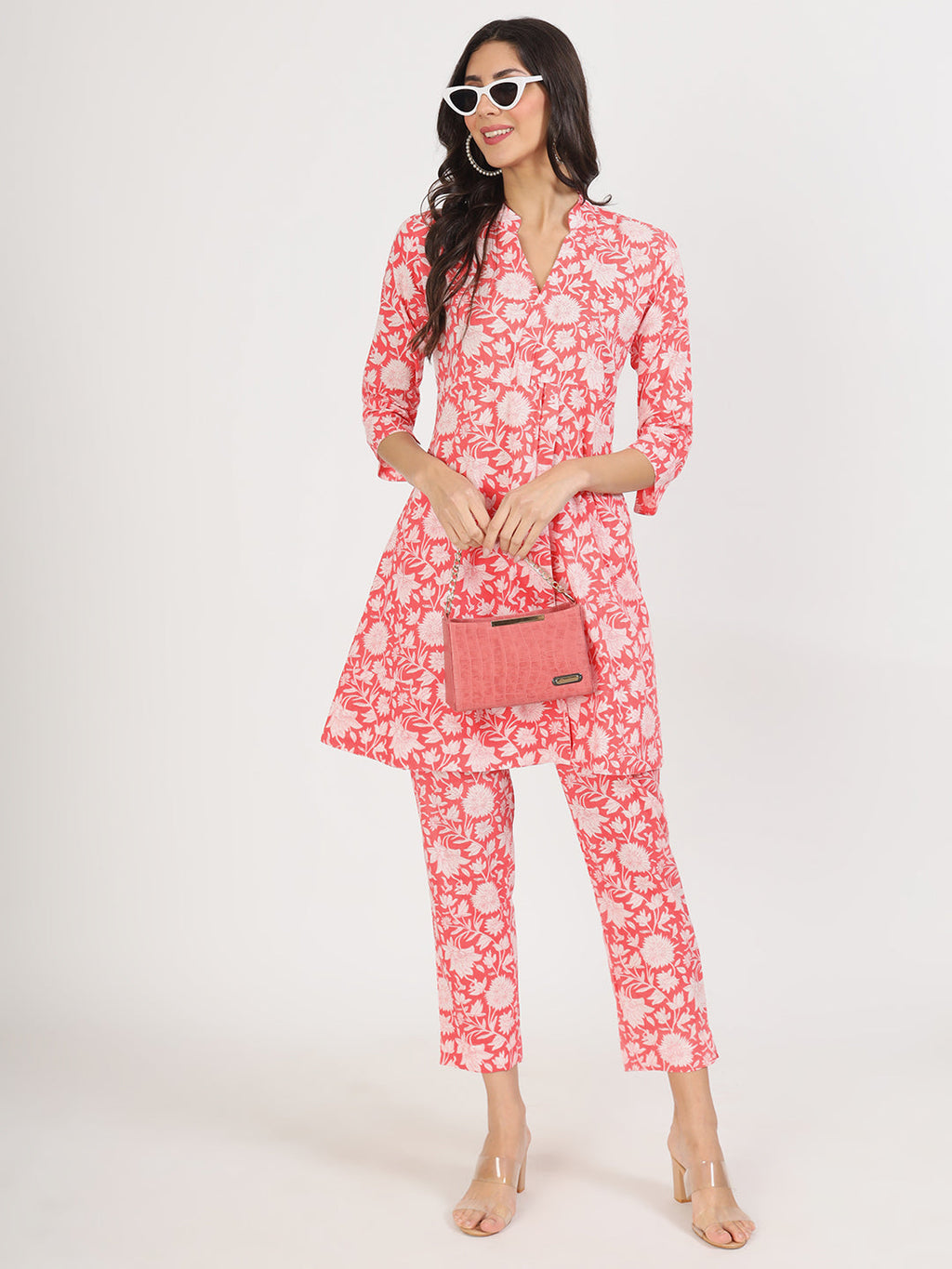Noe Velarro Pink Floral Printed Cotton Kurta with Herem Pant Co ord Set
