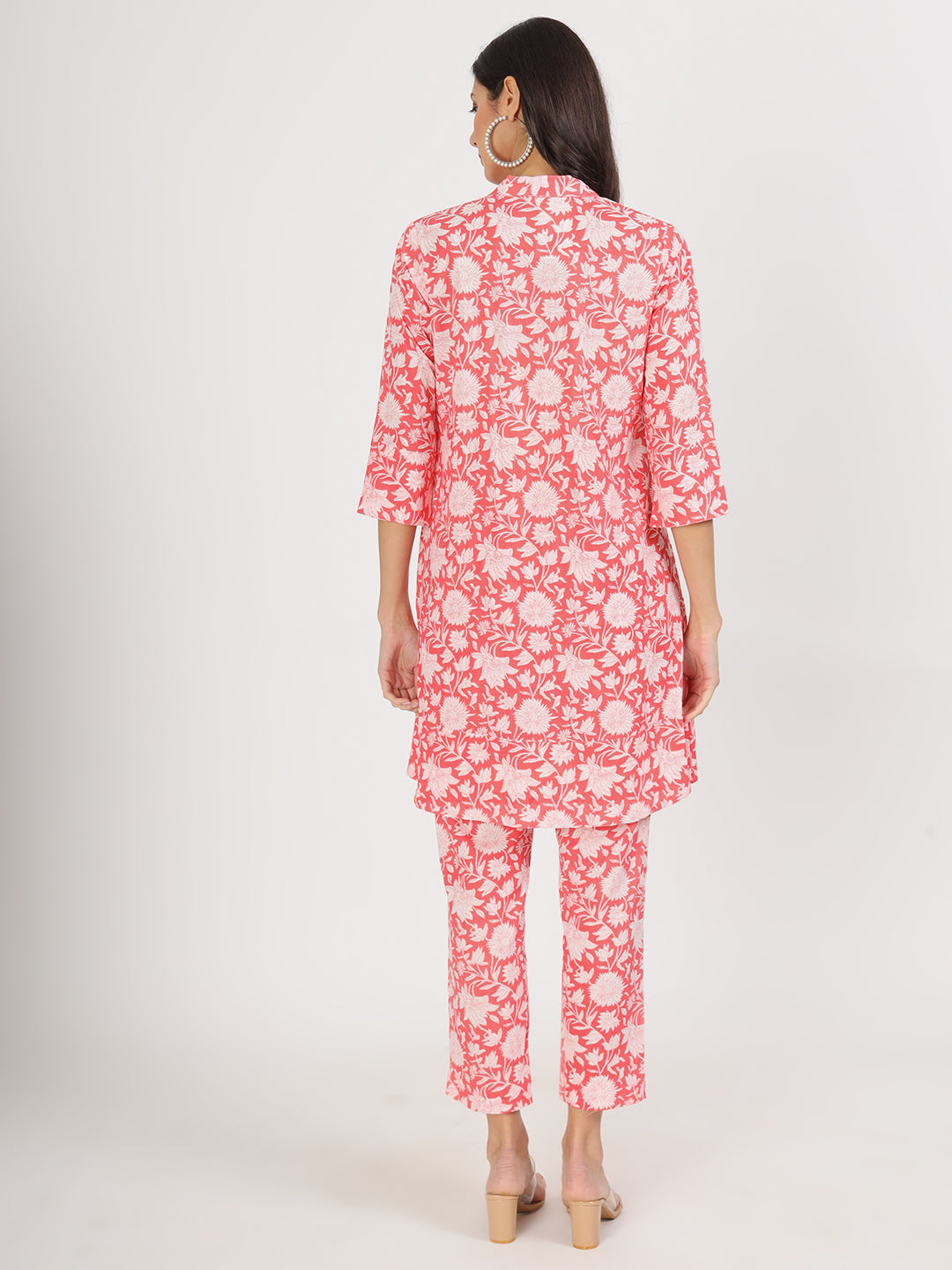 Noe Velarro Pink Floral Printed Cotton Kurta with Herem Pant Co ord Set