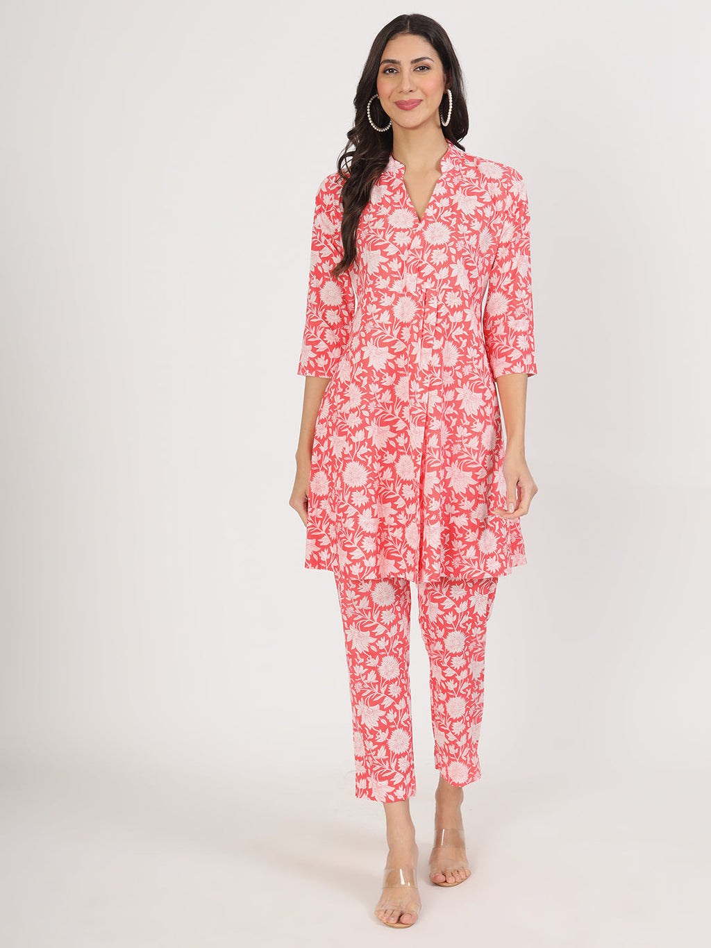 Noe Velarro Pink Floral Printed Cotton Kurta with Herem Pant Co ord Set