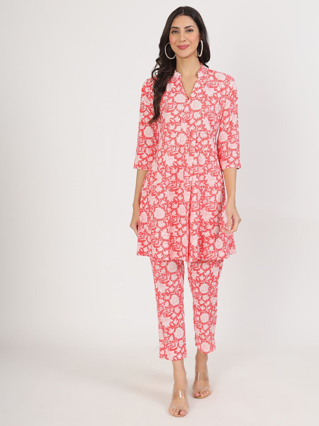 Noe Velarro Pink Floral Printed Cotton Kurta with Herem Pant Co ord Set