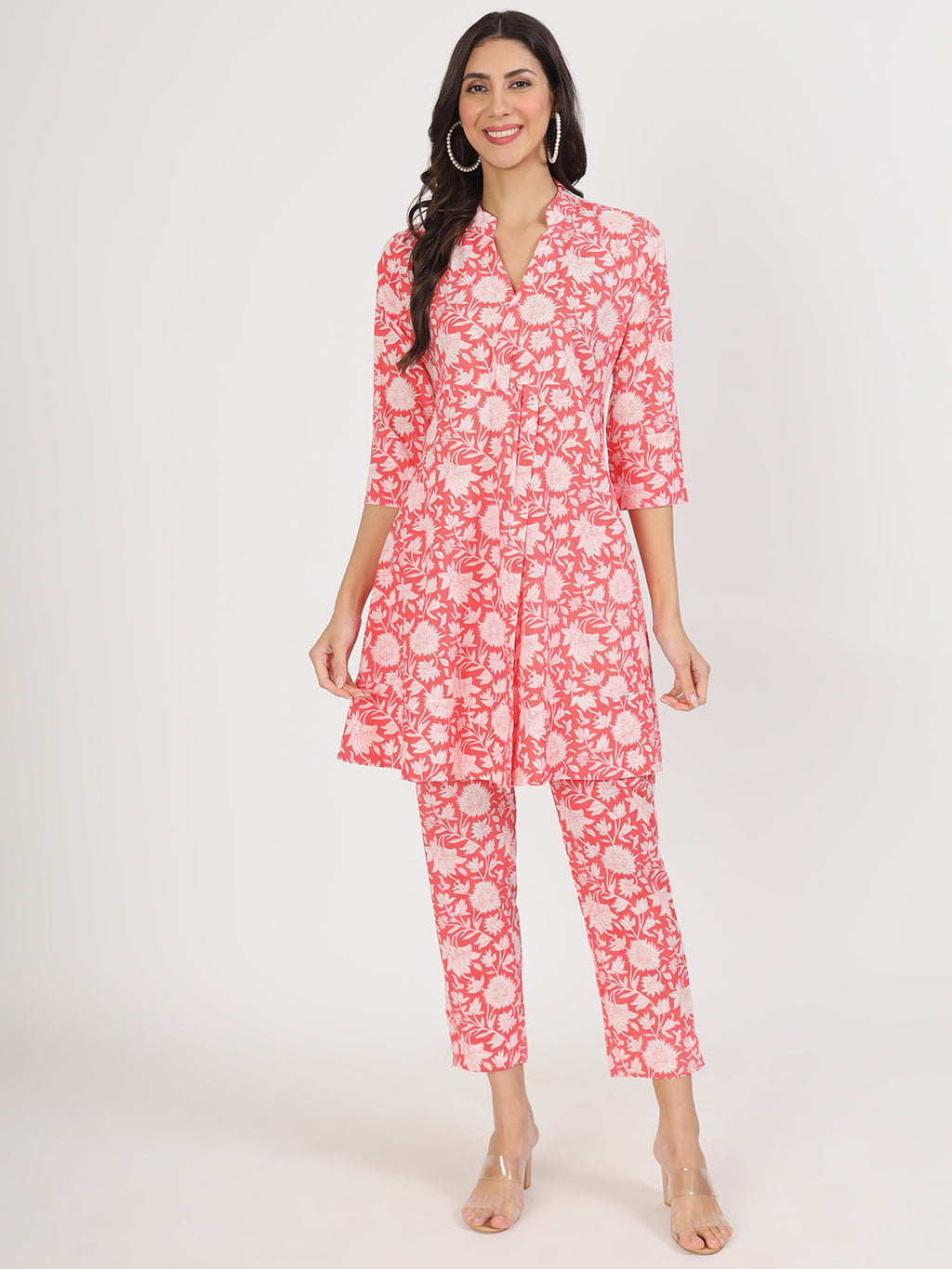 Noe Velarro Pink Floral Printed Cotton Kurta with Herem Pant Co ord Set
