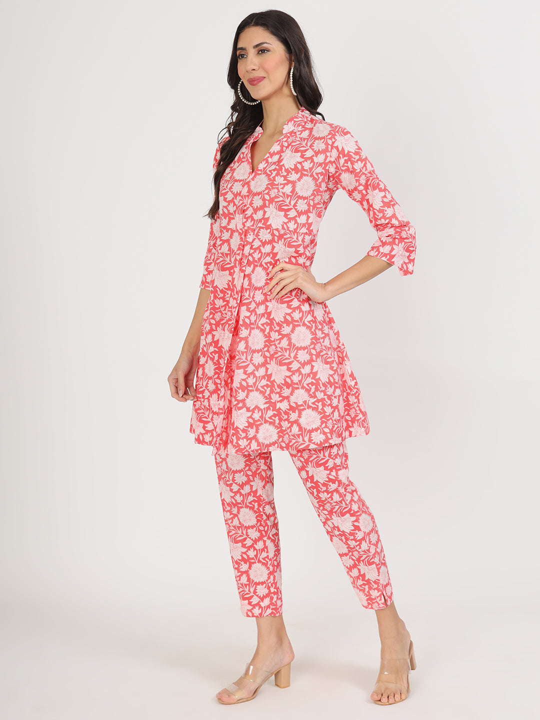 Noe Velarro Pink Floral Printed Cotton Kurta with Herem Pant Co ord Set