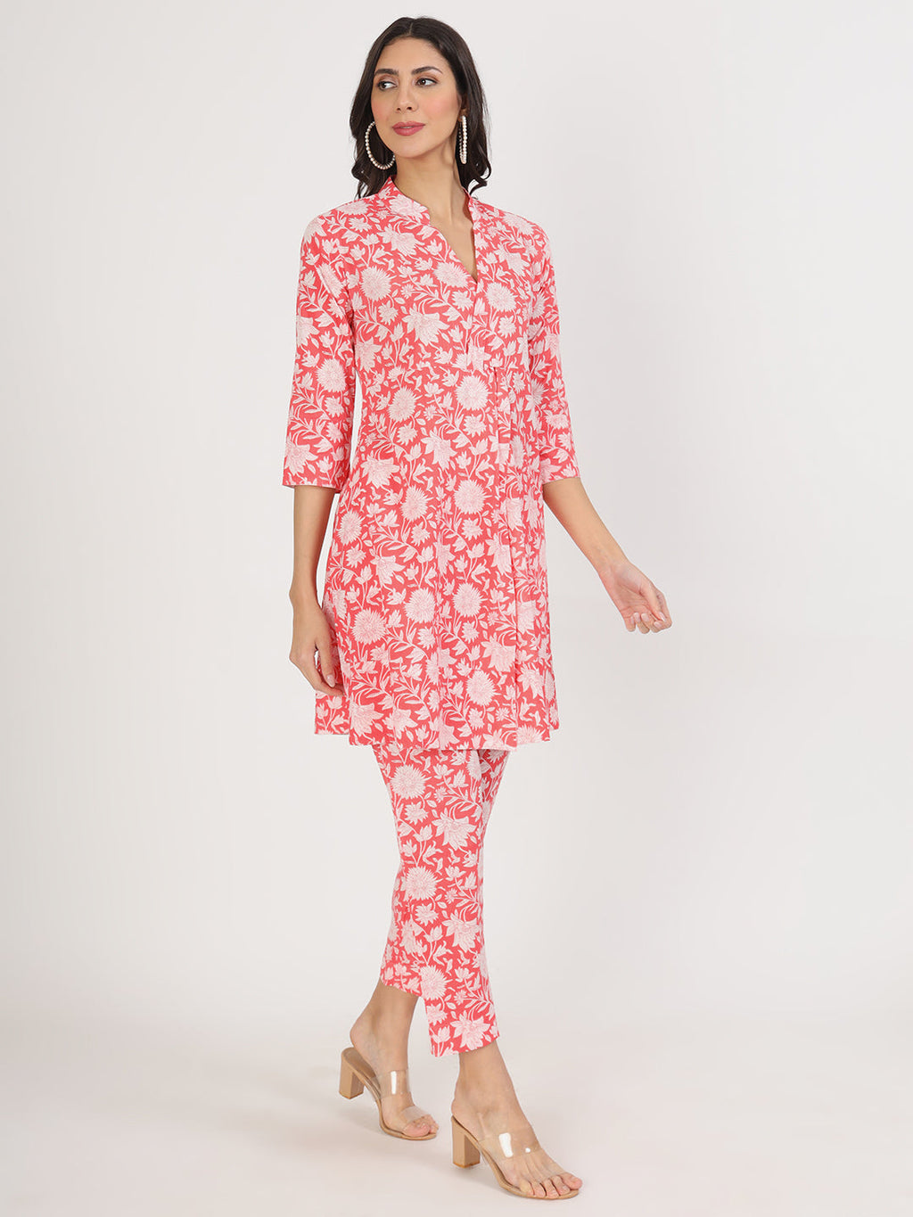 Noe Velarro Pink Floral Printed Cotton Kurta with Herem Pant Co ord Set