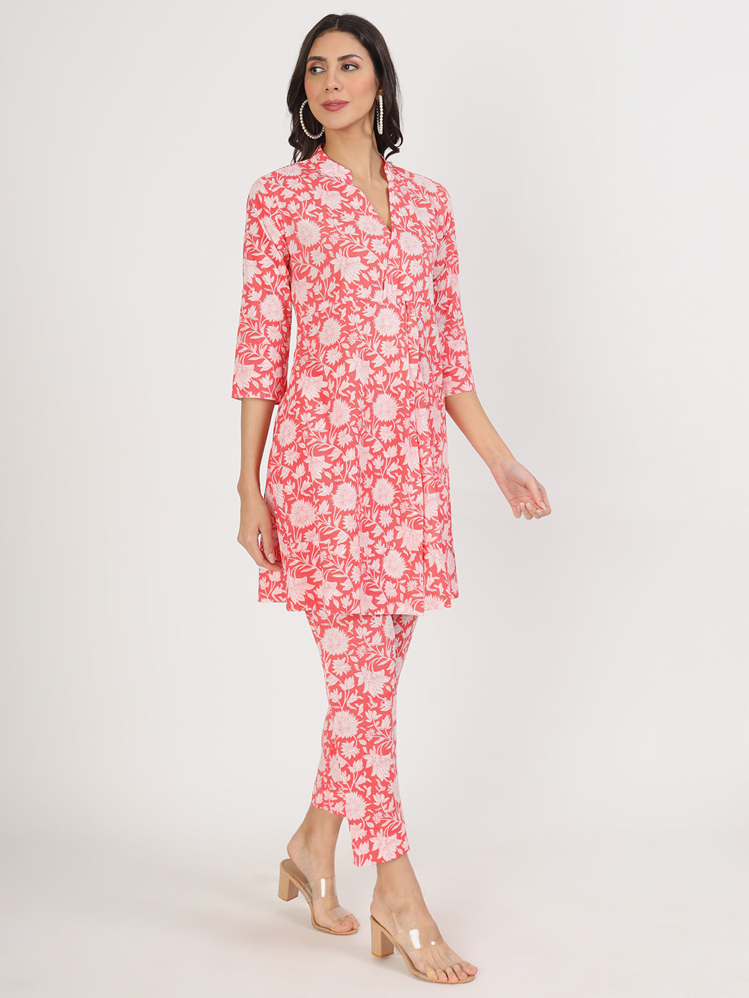 Noe Velarro Pink Floral Printed Cotton Kurta with Herem Pant Co ord Set