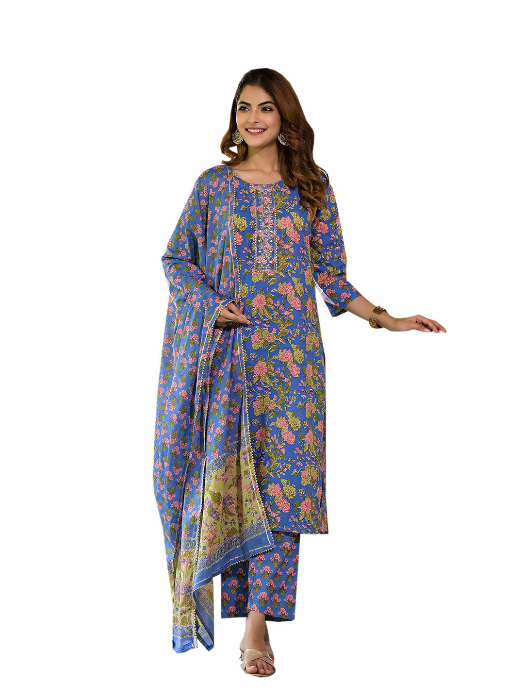Noe Velarro blue Floral Print Cotton Straight fit Kurta Set