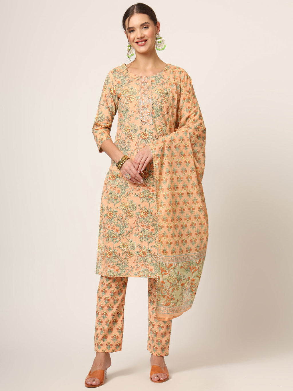Noe Velarro Peach Floral Print Cotton Straight fit Kurta Set