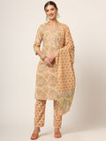 Noe Velarro Peach Floral Print Cotton Straight fit Kurta Set