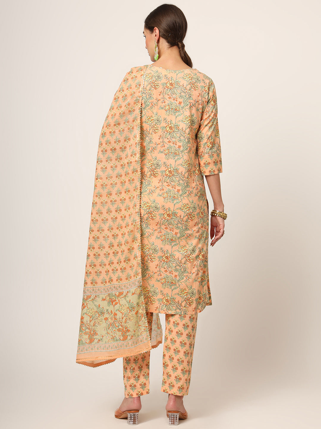 Noe Velarro Peach Floral Print Cotton Straight fit Kurta Set